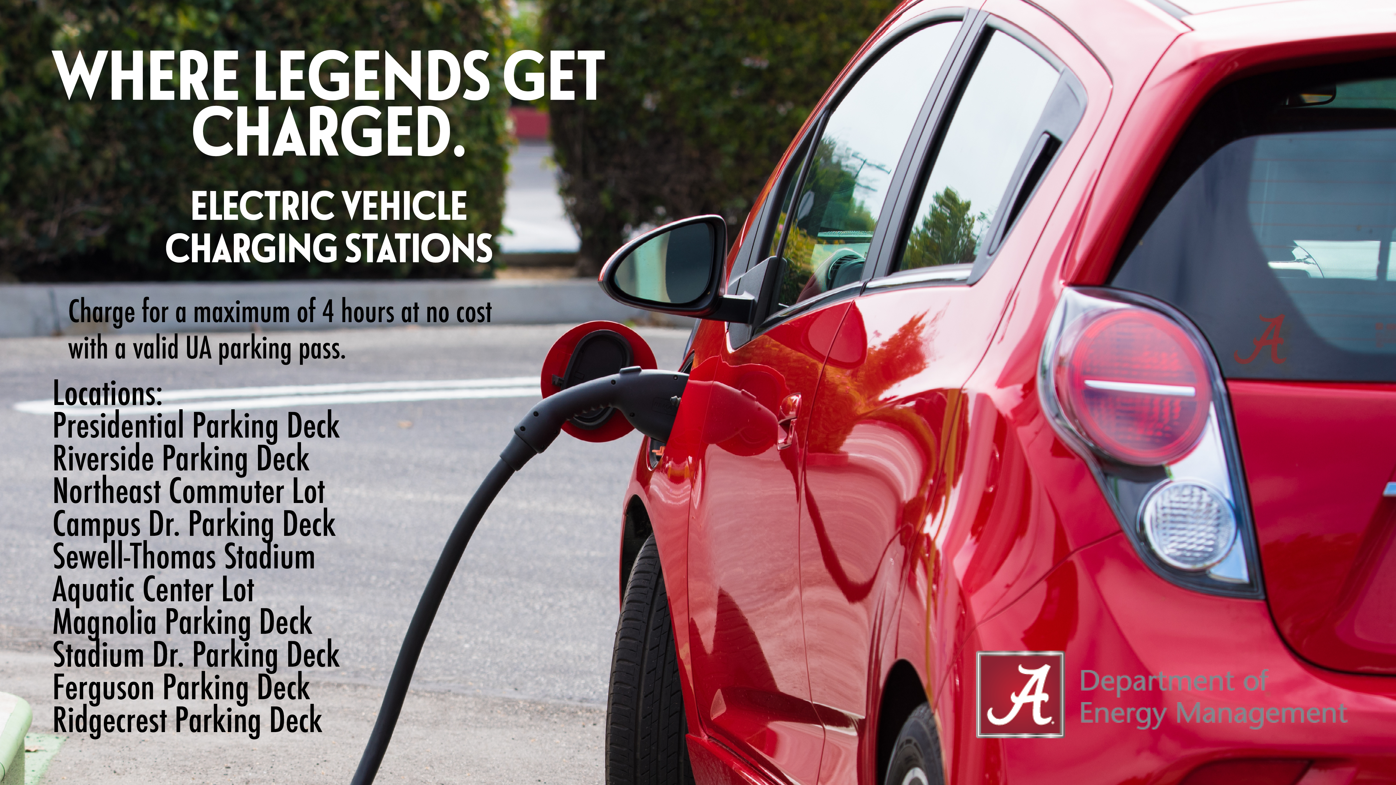 UA Parking Pass holders can find electric vehicle charging stations at multiple locations on campus